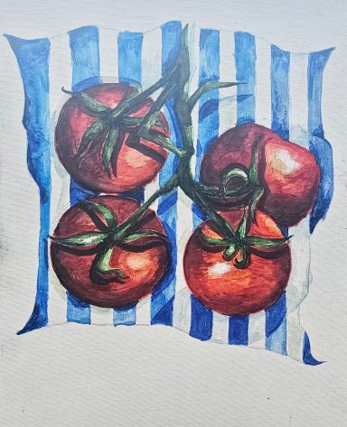 A painting of 4 ripe tomatoes on blue and white paper on white canvas