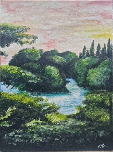 A watercolour painting of the River Thames in Richmond at sunset