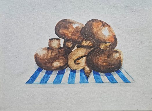 A coloured painting of chestnut mushrooms piled on top of blue and white paper. The painting is on white stretched canvas.